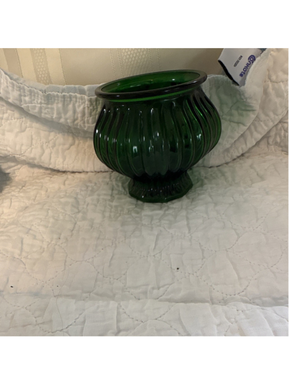 E.O. Brody Co M500 Green Pressed Glass Ribbed Pedestal Round Bowl - Picture 2 of 6